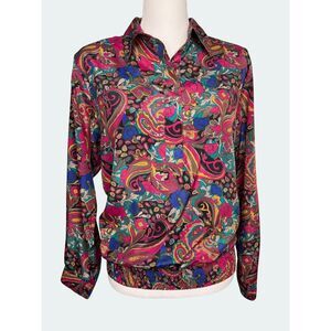 Vintage 80s Alfred Dunner Size 14 Pullover Blouse Multicolor Paisley Button Up